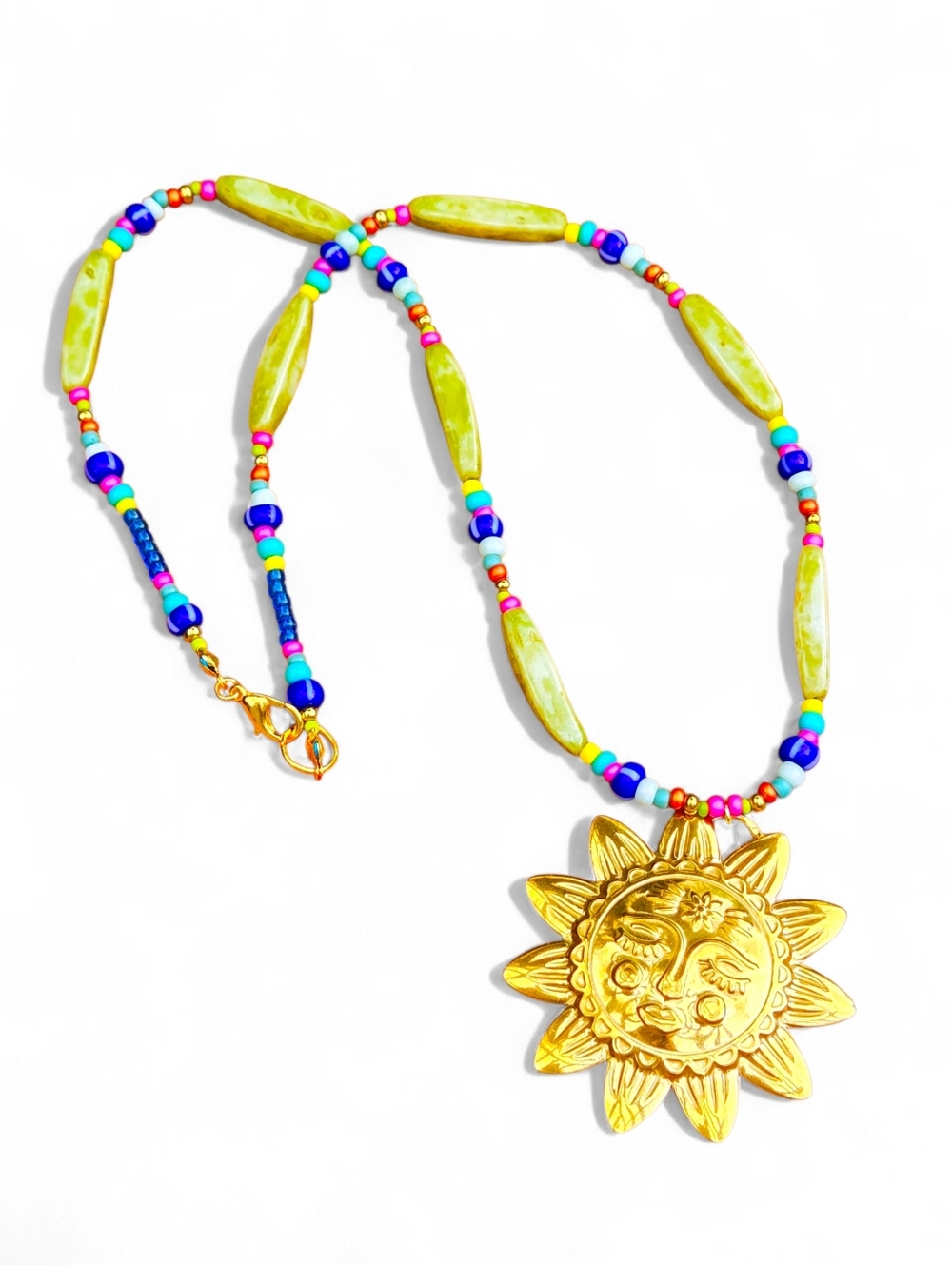 Boho Sun Necklace Beaded Bright Happy Colorful Celestial Jewelry NEW Green Blue